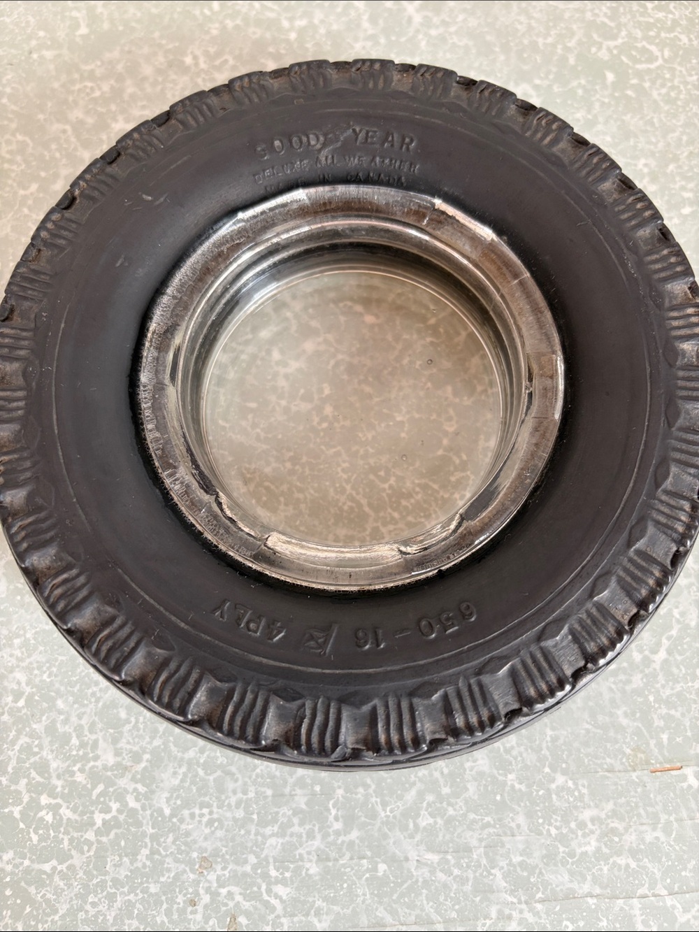 Vintage Goodyear Tire Clear Glass Ashtray Canada Super Cushion Rubber 6”